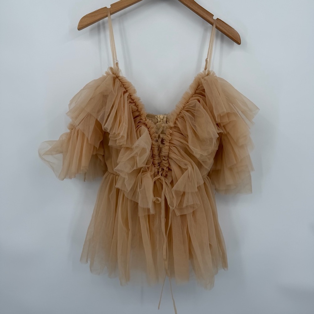 NWT Elegant Boho Ruffle Nude Mesh Corset Lace Up Top - Picture 2 of 8